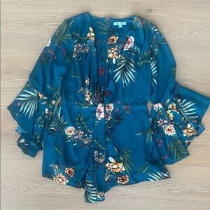 She + Sky Teal Floral Jumpsuit with Ruffle Sleeves